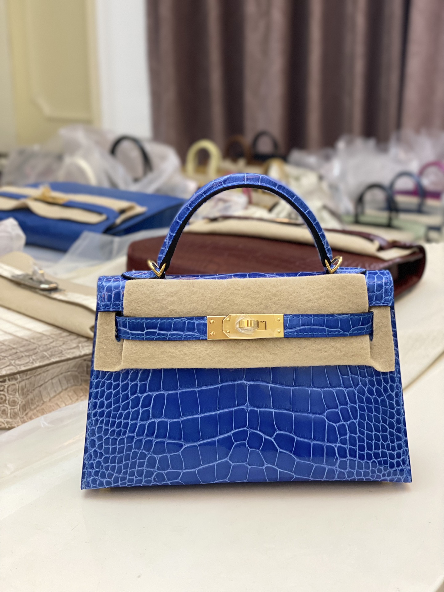 Hermes Kelly Mini II Bag 19CM In Blue Shiny Alligator Leather